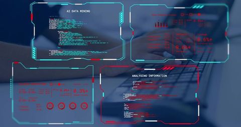 Female Hands Typing on Laptop Displaying Futuristic AI HUD, Data Charts and Code Overlays