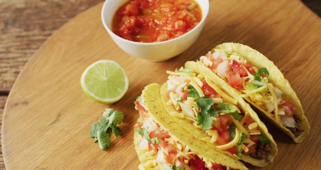 Chicken Tacos with Salsa and Lime Wedges on Rustic Wooden Table - Download Free Stock Images Pikwizard.com