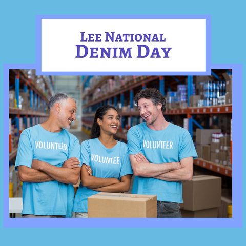 Diverse Volunteers Celebrating Lee National Denim Day in Warehouse - Download Free Stock Templates Pikwizard.com