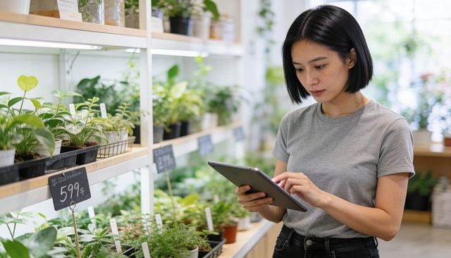 Woman checking tablet while managing indoor plant display in modern nursery