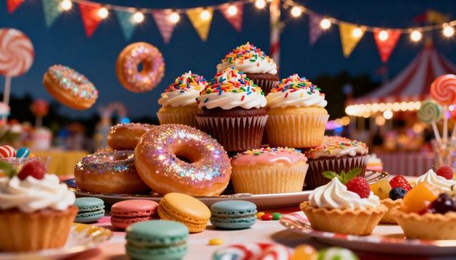 Frosted cupcakes and glittering donuts crowning carnival dessert table under string lights