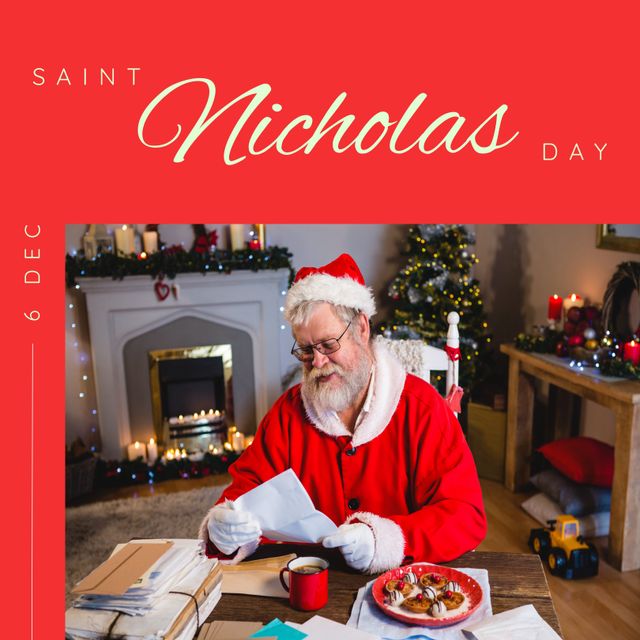 Composition of saint nicholas day text over santa claus reading letter. Saint nicholas day, christmas festivity, tradition and celebration concept.