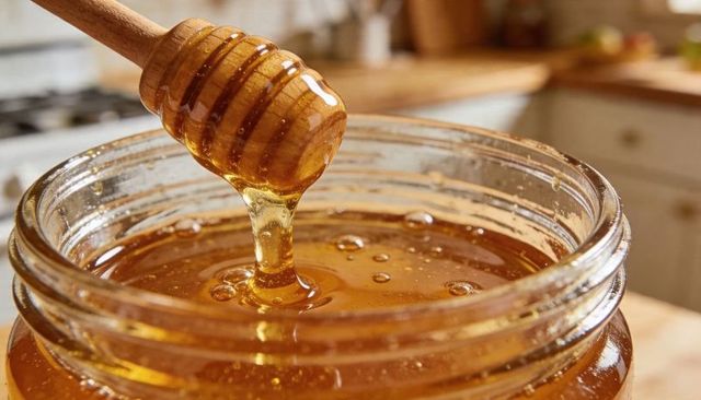 Amber honey dripping from wooden dipper into glass jar with glossy bubbles