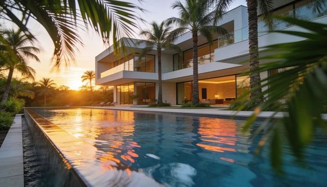 Sunset-lit modern villa with cantilevered balconies and infinity pool by tropical palms