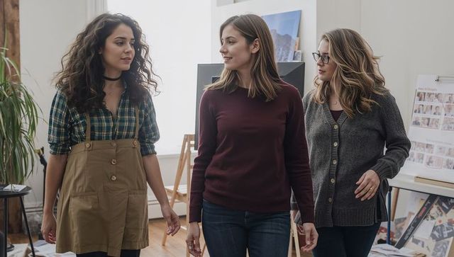 Three women collaborating in bright art studio walking and discussing creative projects