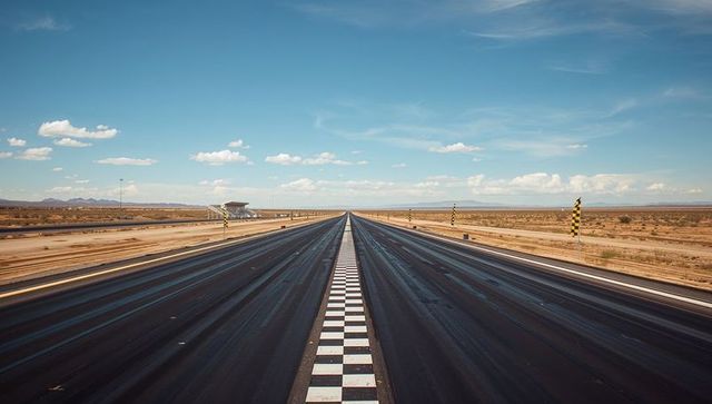 Endless drag strip through desertscape with checkered grid