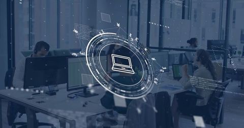 Support Team Collaborating in Modern Open Office with Futuristic HUD Tech Overlay