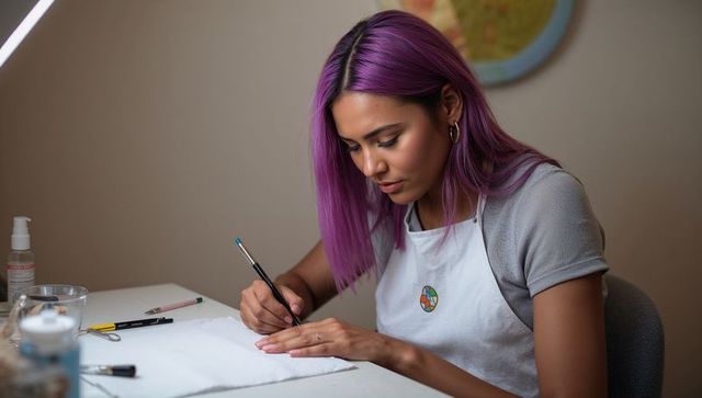 Hispanic artisan painting intricate miniature with fine brush in focused home studio