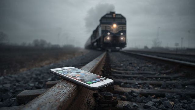 Smartphone sitting on rusty rail while locomotive approaching in foggy train yard