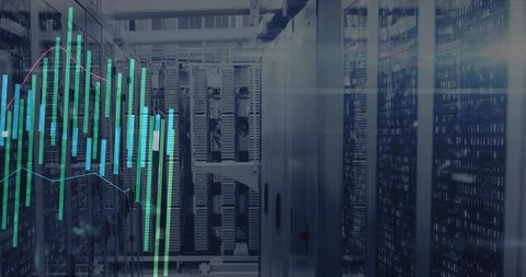 Data Center Server Rack with Financial Charts Overlay, Cloud Infrastructure Analytics