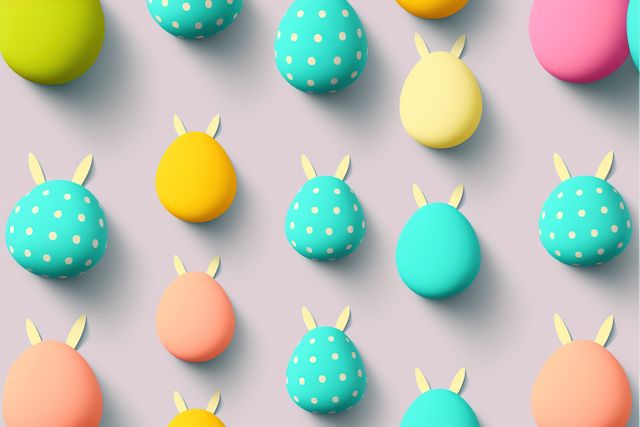 Rows of colourful easter eggs with ears on purple background, created using generative ai technology. Easter and celebration concept digitally generated image.