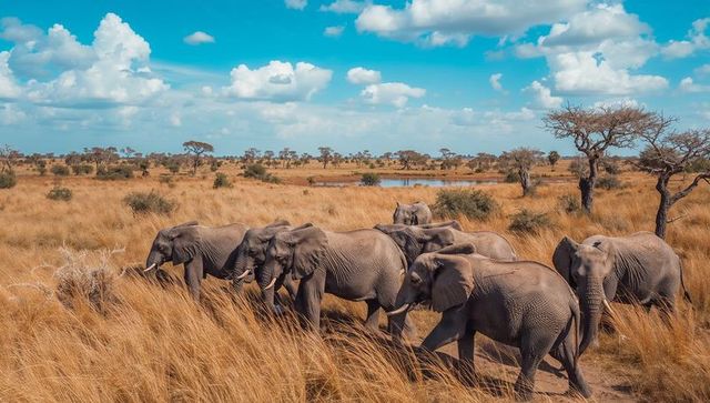 Herd of african elephants walking through golden savanna grass with acacia trees
