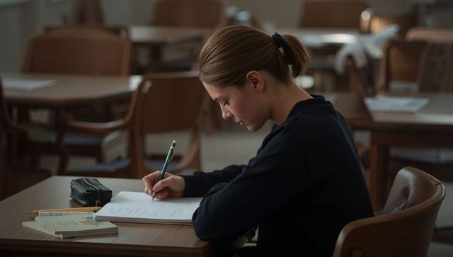 Female Student Studying and Concentrating at Quiet Library Desk with Notebook and Pencil