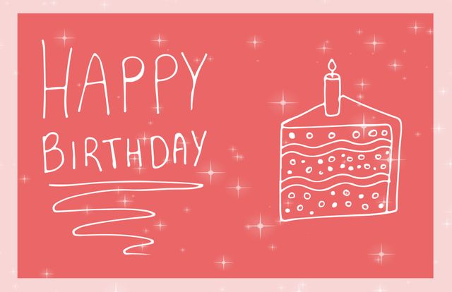 Whimsical birthday card features a hand-drawn cake with a candle on a pink background adorned with sparkling stars. Perfect for digital and print birthday greetings, social media posts, or festive invitations.