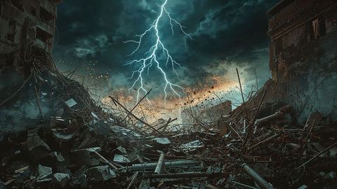 Dramatic lightning over desolate urban earthquake ruins