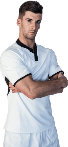 Confident Rugby Player in White Kit with Arms Crossed on Transparent Background
