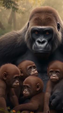 Adult Gorilla Steadying Four Infants While Responding to Shifting Babies in Forest Wildlife Video