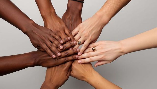 Diverse hands stacking in unity representing teamwork inclusion close-up showing rings
