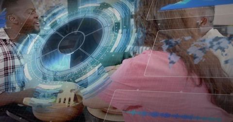 Practicing handpan percussion with futuristic HUD overlays, collaborative rhythm session