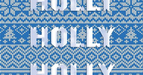 Christmas holly text on blue knitted pattern