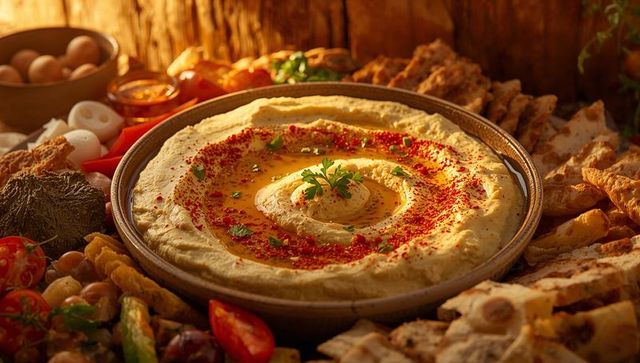 Creamy hummus bowl drizzling golden olive oil and smoked paprika with warm pita and mezze