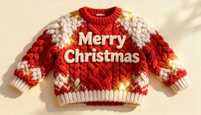 Cozy red cable knit christmas sweater with raised merry christmas text and gold flecks