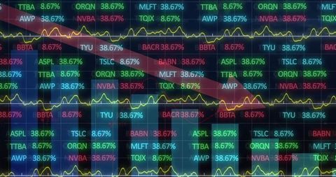 Futuristic Stock Market Dashboard with Neon Tickers, Percentages and Red Downward Arrow