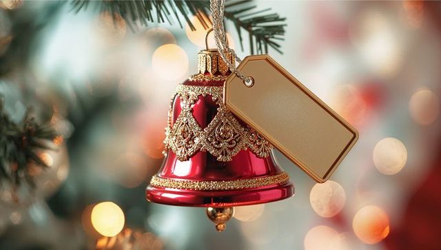 Festive red bell ornament with blank tag on christmas tree branch