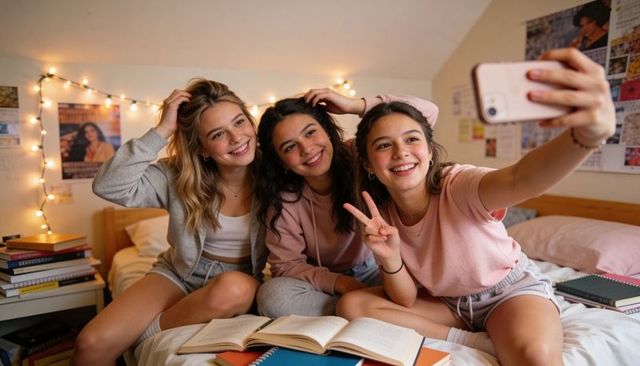 Three teens taking selfie on dorm bed studying together with notebooks and fairy lights