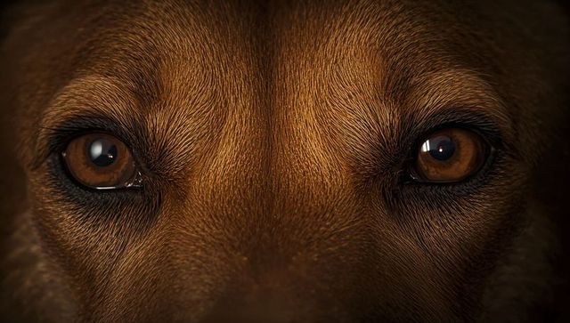 Intense close-up portrait of brown dog eyes with amber catchlights and single tear