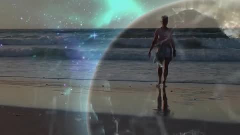 Serene Walk by Beach at Sunset with Futuristic Digital Overlay