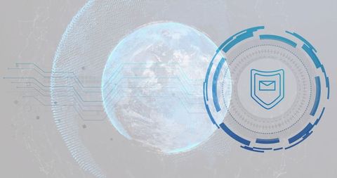 Digital globe with futuristic cybersecurity shield interface