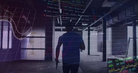 Walking silhouette holding handgun in industrial loft with stock market charts, data overlays