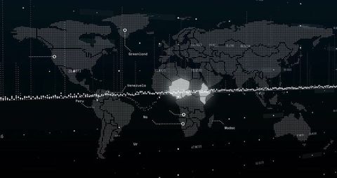 Dotted world map dashboard highlighting equatorial data band with geospatial markers and analytics