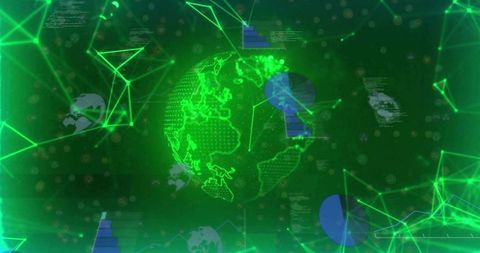 Rotating neon hologram globe projecting mesh network and data charts in futuristic interface