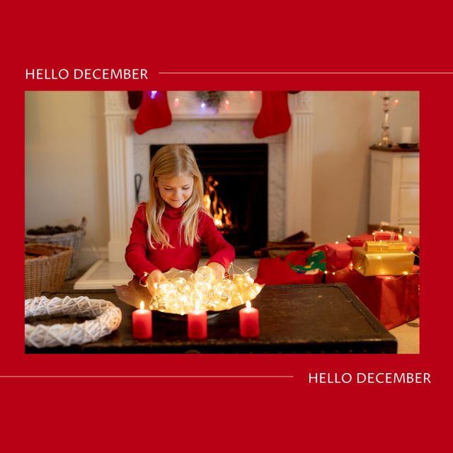 Composition of hello december text over caucasian girl at christmas. Christmas, winter and celebration concept digitally generated image.