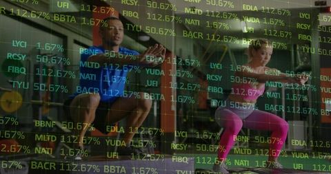 Fit individuals doing barbell squats with stock ticker overlay