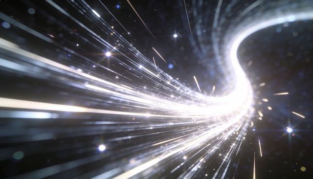 Curved luminous ribbon of light forming futuristic warp tunnel with spark trails