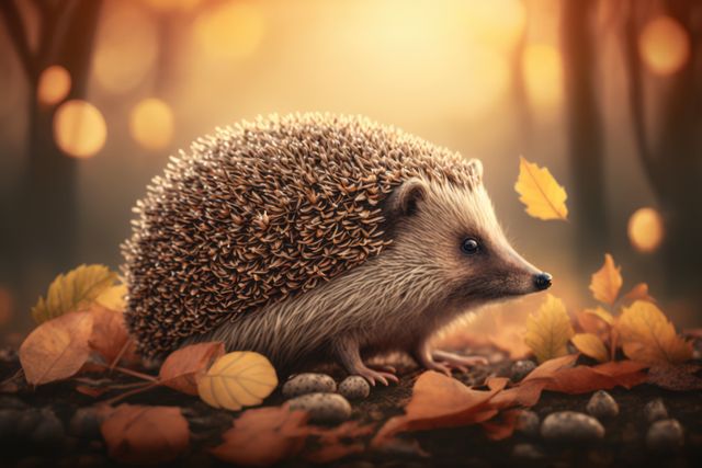 Hedgehog stands on forest ground surrounded by fallen leaves and illuminated by warm sunset light. Perfect for themes of wildlife, nature, autumn season, outdoors, and animal photography. Ideal for nature blogs, educational materials, wallpaper, and posters promoting autumn and wildlife.