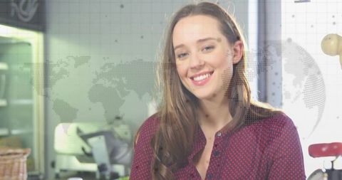 Smiling young professional woman presenting remote work and global connectivity concept