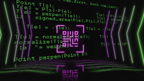 Neon Tech Interface with QR Code and Data Stream