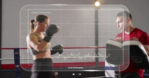 Female Boxer Sparring with Trainer Using Focus Mitts in Gym Ring with HUD Overlay