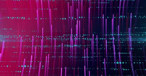 Glowing Neon Data Stream with Vertical Light Streaks and Cyan Dotted Grid, Futuristic Tech