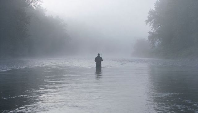 Solitary angler wading in misty river at dawn casting fly rod with forest shoreline