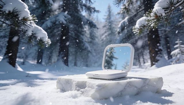 White compact mirror reflecting blue sky on marble slab in snowy pine forest with falling snowflakes
