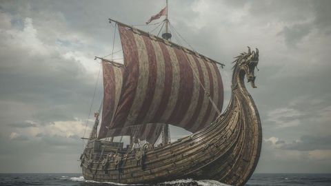 Viking longship sailing with striped sail and dragon figurehead