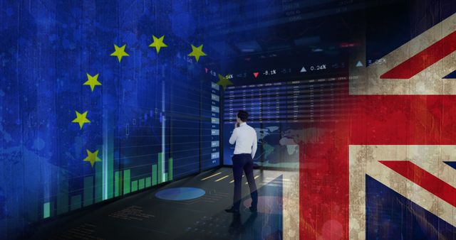 A businessman analyzes data on a screen in a setting that symbolizes economic relations between the European Union and the United Kingdom, with copy space. The image reflects the complexities of financial markets and international trade in the context of Brexit.