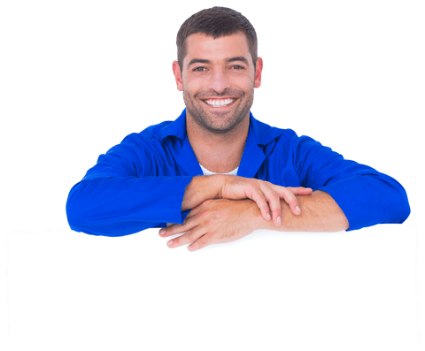 Smiling Handyman Holding Blank Transparent Sign for Advertisement - Download Free Stock Videos Pikwizard.com