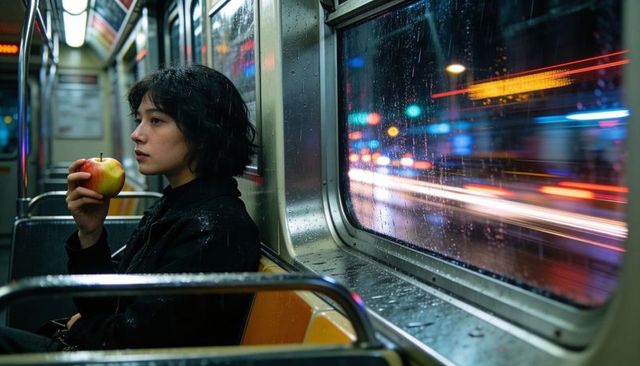Sitting woman holding apple on rainy night subway bench, contemplative urban commute