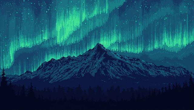 Pixel art aurora borealis over rugged mountain ridge with conifer silhouette and stars